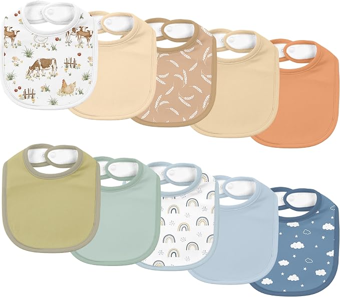 10 Pack Cotton Snap Bibs for Baby Boy Girl, Super Soft Drool Bibs for Teething by EgmaoBaby