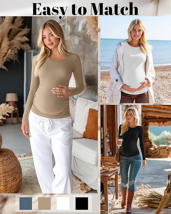 Huukeay 4 Pack Women's Maternity Shirts, Long Sleeve Cotton Ribbed Pregnancy Tops Side Ruched Crew Neck Casual Mama Clothes