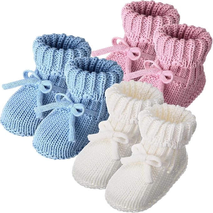 Evervibe 3 Pair Knitted Baby Booties | 100% Cotton, 0-6 Months Newborn by Evervibe