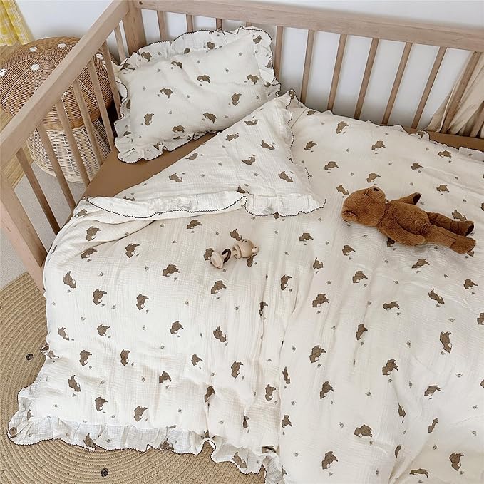 AOJIM Cute Cartoon Pattern Muslin Toddler Kids Pillow Case Super Soft Cotton Baby Crib Pillowcase 1pc with Ruffle Edge, Machine Washable Boys Girls Pillowcase with Bear and Bee Print, 26 * 20''