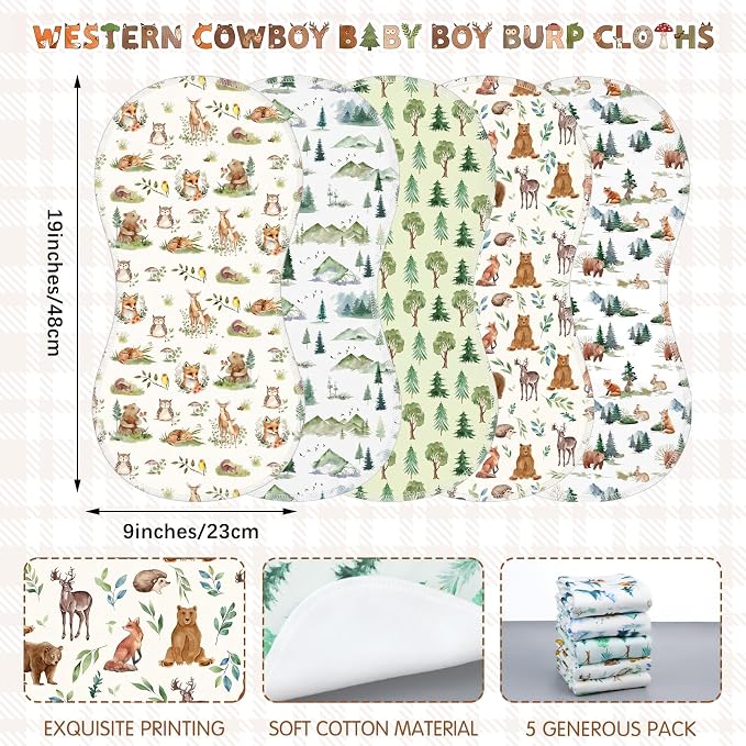 SmoothNovelty 5 Pack Woodland Animal Baby Burp Cloths Soft Absorbent Burping - Image 2
