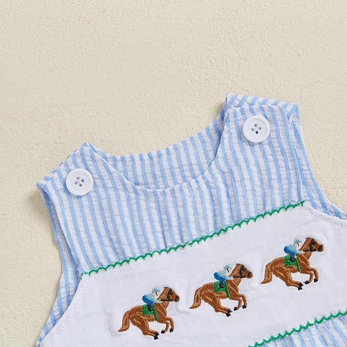Newborn Baby Boys Sleeveless Seersucker Romper One Piece Straps Overalls - Image 4