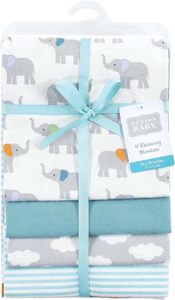 Hudson Baby Unisex Baby Cotton Flannel Receiving Blankets, Teal Elephant - Image 2
