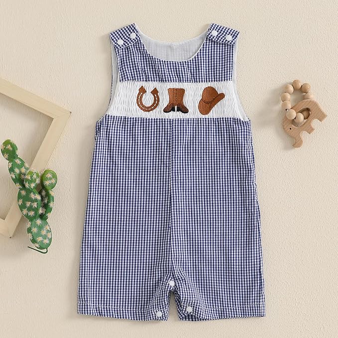 Newborn Baby Boys Sleeveless Seersucker Romper One Piece Straps Overalls - Image 2
