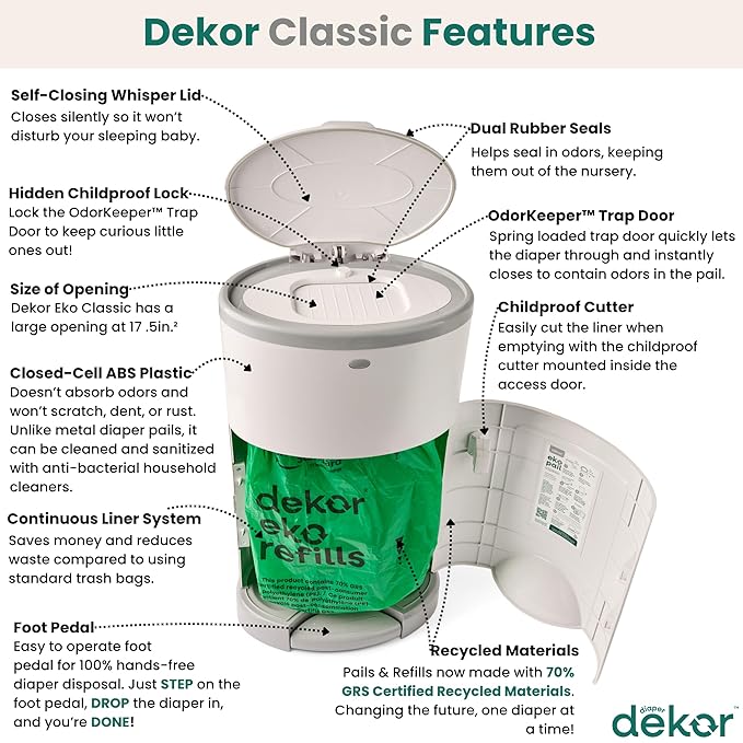 Diaper Dekor Classic Hands-Free Diaper Pail Gift Set | Just Step–Drop–Done | Doesn’t Absorb Odors | Includes 1yr of Refills | Quick Bag Change | 70% Recycled Materials | EKO White