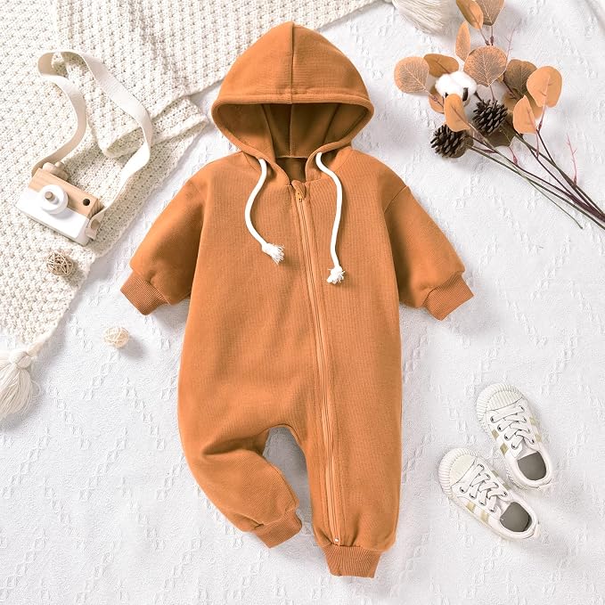 Unutiylo Unisex Baby Boys Girls Long Sleeve Infant Baby Zipper Hooded Jumpsuits - Image 3