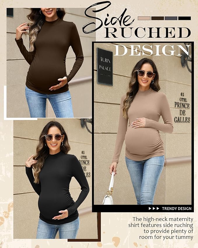 4 Packs Womens Maternity Shirts Long Sleeve Cotton Ribbed Pregnancy Mock Neck Side Ruched Workout Tops for Mama