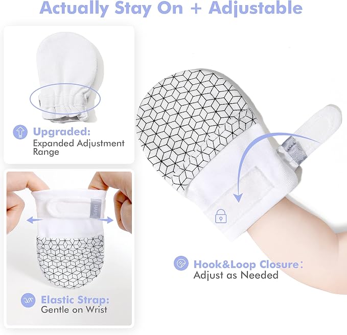 Baby Newborn No Scratch Mittens Stay On, 100% Cotton Adjustable 0-12M | Soft - Image 3