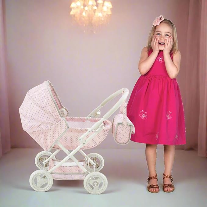 Olivia's Little World Polka Dot Princess Baby Doll Pram Stroller with Retractable Canopy & Storage, Pink