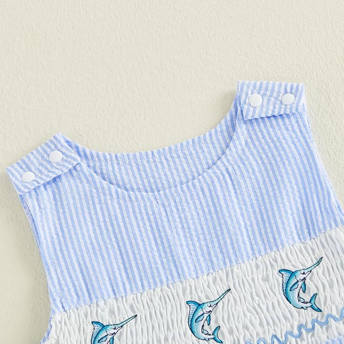 Newborn Baby Boys Sleeveless Seersucker Romper One Piece Straps Overalls - Image 4