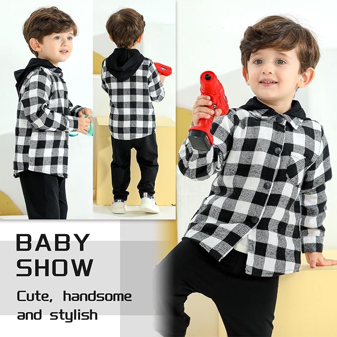 YOUNGER STAR Toddler Kids Boys Girls Flannel Hooded Plaid Shirt Button Baby Red - Image 4