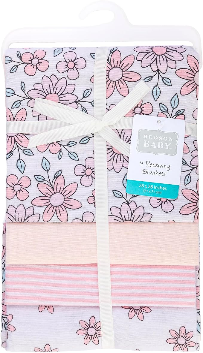 Hudson Baby Infant Girls Cotton Flannel Receiving Blankets 4-Pack, One Size - Image 2