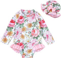 Infant Baby Girl Swimsuit One-Piece Long Sleeve Rash Guard with Hat Set Floral Zipper Bathing Suit Leopard Beach Wear