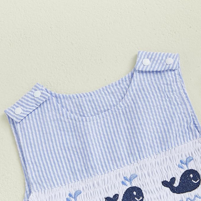 Newborn Baby Boys Sleeveless Seersucker Romper One Piece Straps Overalls - Image 4