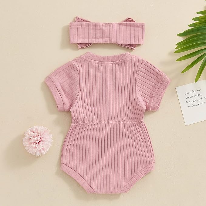 FOCUSNORM Baby Girl Summer Clothes Ribbed Short Sleeve Romper Solid Color - Image 4
