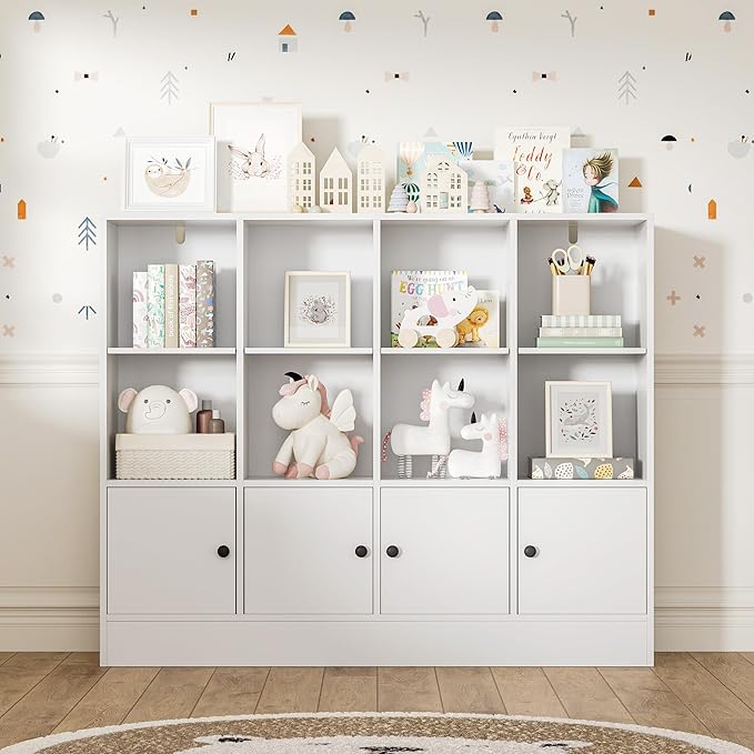 White Bookshelf, Wood Bookcase with 3 Tier Shelves, 12 Cube Storage Organizer with Doors for Bedroom, Living Room, 47.8" W x 39.1" H
