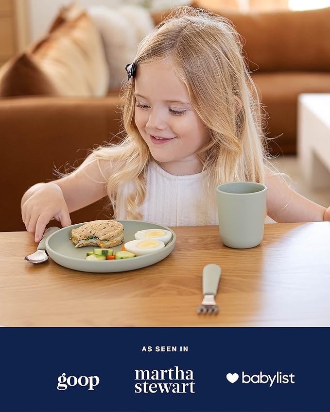 Lalo Big Bites Kids Dinnerware Starter Set - Dishwasher Safe, BPA Free, Kids Tableware Set - Includes Stackable Bowl, Plate, Utensils & Cup - 5 Pieces - Oatmeal