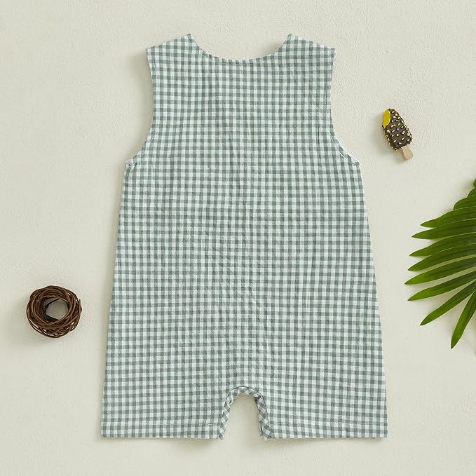 Newborn Baby Boys Sleeveless Seersucker Romper One Piece Straps Overalls - Image 3