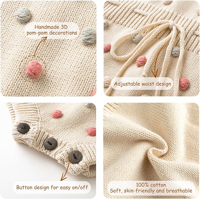 Simplee kids Baby Girl Romper, Sleeveless Pompoms Square Neck | Soft Breathable - Image 3