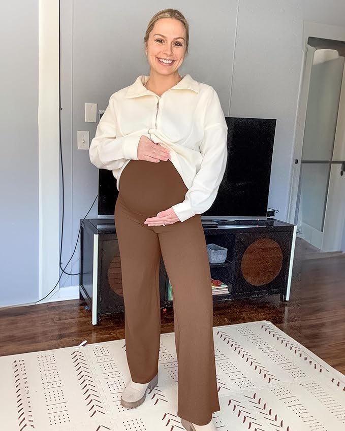 G4Free BareFeel Maternity Dress Yoga Pants Over The Belly Stretchy Work Slack Pregnancy Wide Leg Lounge Trousers
