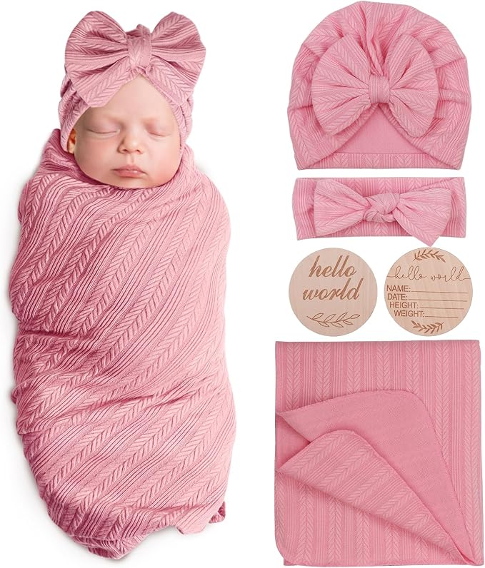 AQOKKA Newborn Receiving Blanket Wheat Ear Bow Hat Hairband Set by AQOKKA