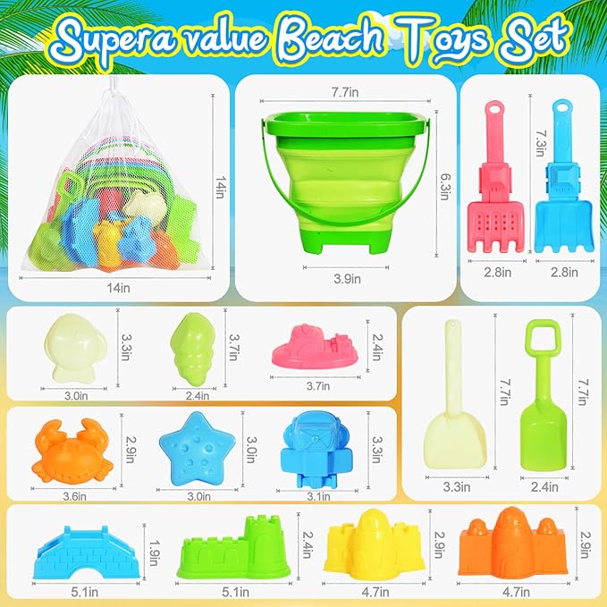 Collapsible Beach Sand Toys for Kids Toddlers,Travel Beach Toys with 3 Collapsible Sand Buckets,Shovels,Mesh Bags,Sand Molds,Castle Toys for Beach, Age 18+ Month