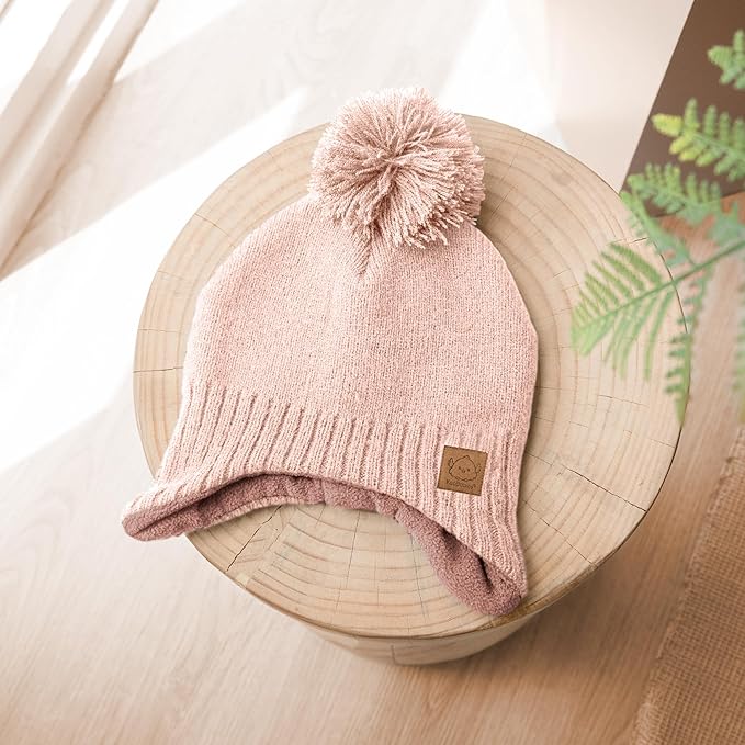 Baby Beanies, Baby Hats for Boys, Girls - Cute Toddler Winter Hat, Soft & Stretchy Beanies for Infant, Newborn 0-6 Months, Cozy & Warm with Earflap Muff & Pom (Blush, S)