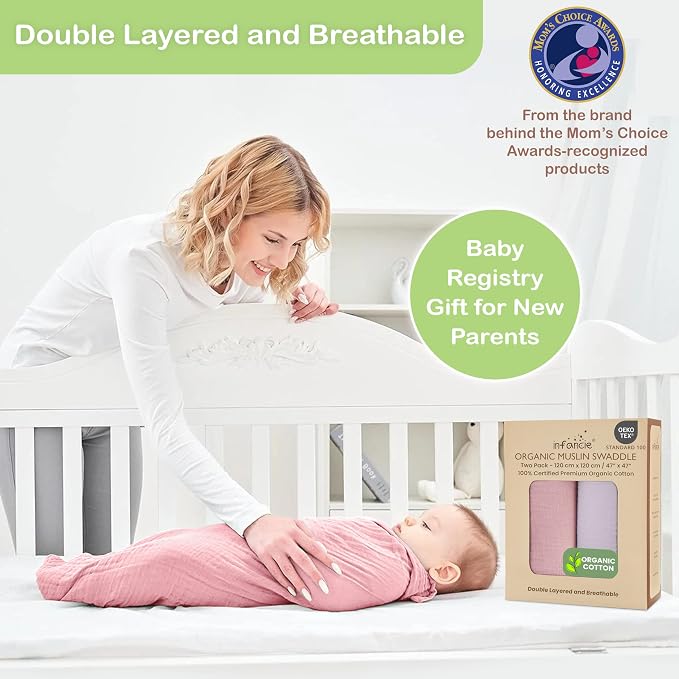 100% Organic Cotton Baby Muslin Blanket 2 Pack 47x47 in Girl Gift | Oeko-TEX - Image 4