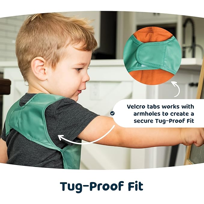 Tiny Twinkle Short Sleeve Apron Bibs for Babies & Toddlers – 2 Pack Waterproof, Mess-Proof Baby Bibs for Eating & Feeding, Machine Washable,Perfect Holiday Gift(Sage Charcoal, 6–24M)