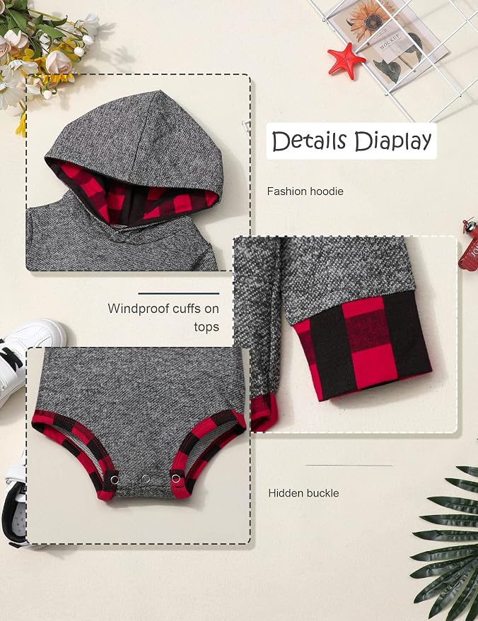 Fommy Newborn Baby Boy Clothes Plaid Letter Print Long Sleeve Hoodies + Long - Image 5
