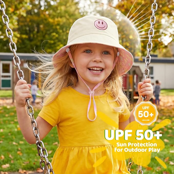 Toddler Hat Reversible Bucket Hat Happy Face Sun Hat Adjustable Chin Strap - Image 2