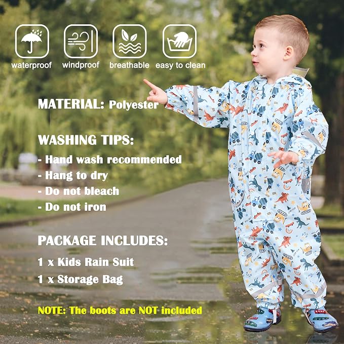 Fewlby Kids Toddler Rain Suit for Boys Girls One Piece Hoodie Zipper Cartoon - Image 3