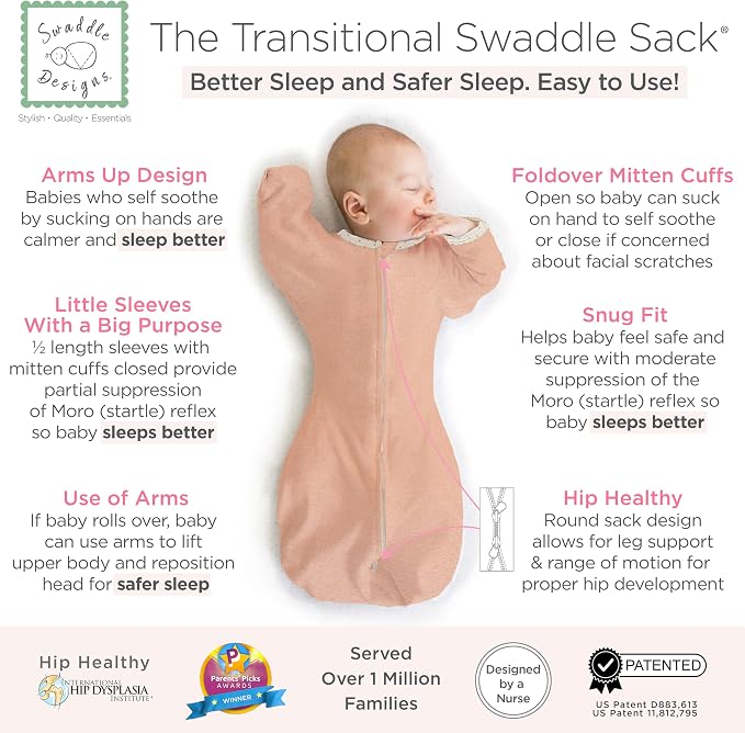 SwaddleDesigns Transitional Swaddle Sack, Arms Up Half-Length Sleeve & Mitten - Image 2