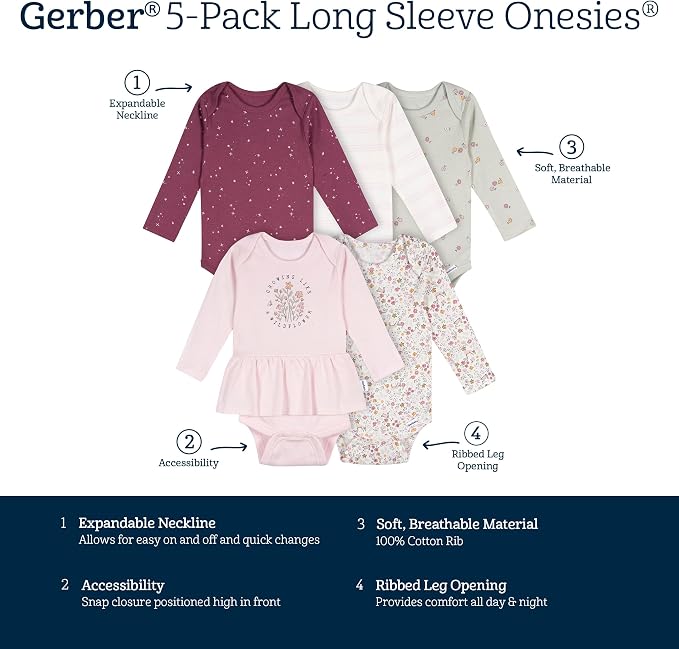 Gerber Baby Girls' 6-pack Long-sleeve Onesies Bodysuits - Image 7