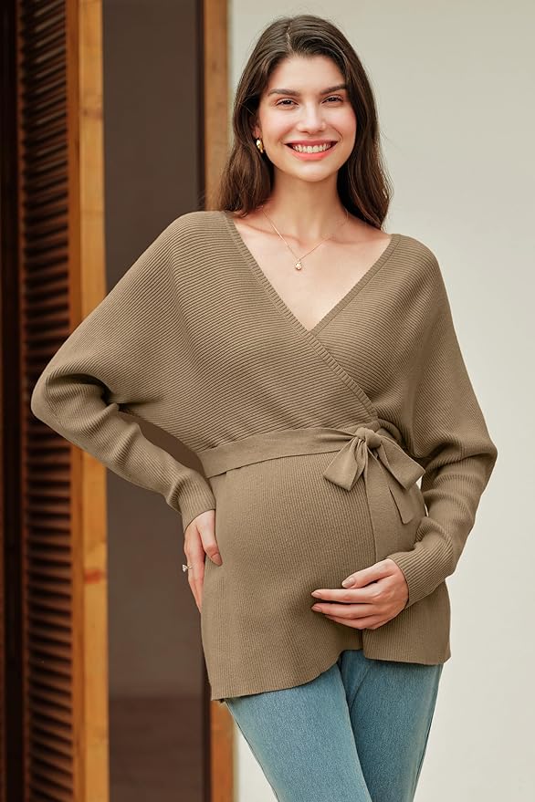 OUGES Womens Soft Cotton Blend Maternity Sweater Wrap V Neck Long Sleeve V Back Fall Shirts Pregnancy Outfits with Belt