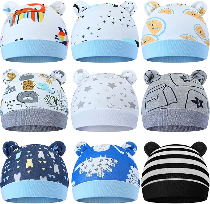 Geyoga 9 Pieces Newborn Baby Hat Bear Ears Infant Caps Baby Boy Girl Toddler by Geyoga
