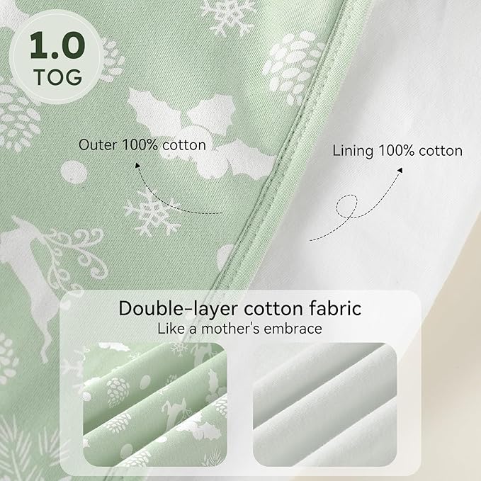 Baby Sleep Sack 0-6 Months 1.0 Tog Baby Wearable Blanket 100% Cotton Sleeping Sack with 2-Way Zipper for Infant Newborn Green Tree