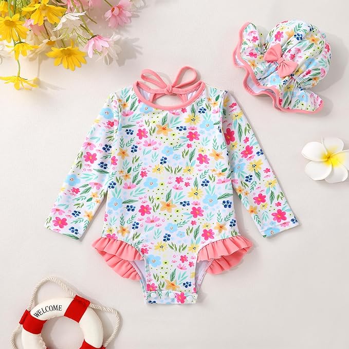 YOUNGER TREE Infant Baby Girls Swimsuit Long Sleeve Swimsuits One Piece Swimsuit Solid Color Bathing Suit with Hat, UPF 50+
