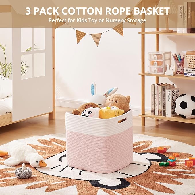 OIAHOMY 13 Kallax Inch Cube Storage Bins, 3-Pack Cotton Rope Woven Baskets for Organizing, Kallax Insert Storage Baskets for Shelves, Baby Nursery, Closet Organizer, 13*13*12.6IN, Pink & White