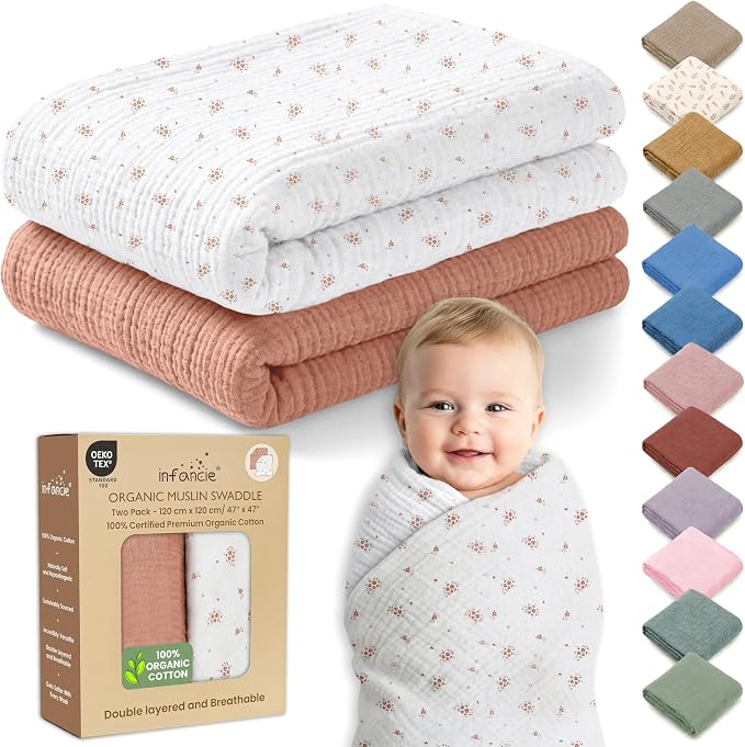 100% Organic Cotton 2 PK Muslin Swaddle Blanket Boy Gift 47x47 in | Oeko-TEX by Infancie