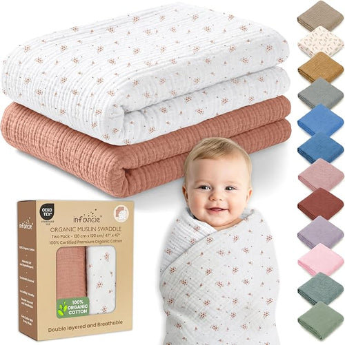 100% Organic Cotton 2 PK Muslin Swaddle Blanket Boy Gift 47x47 in | Oeko-TEX by Infancie