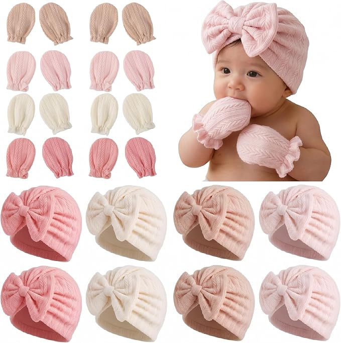 8 Sets Newborn Baby Girl Bow Hats and Mittens Turban Beanies 0-3M | Cotton by AHDSGJH