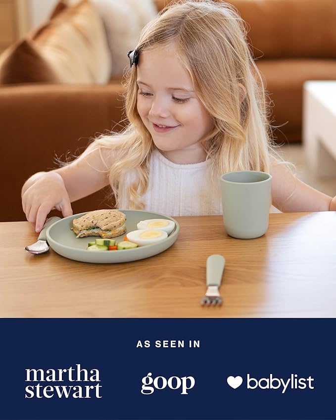Lalo Big Bites Kids Dinnerware Full Set - Dishwasher Safe, BPA Free, Kids Tableware Set - Includes Stackable Bowl, Plate, Utensils & Cup - 7 Pieces - Blueberry