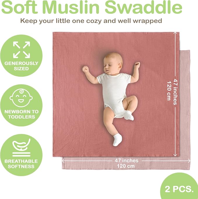 100% Organic Cotton 2 PK Baby Muslin Swaddle Blankets Girl 47x47in | Oeko-TEX - Image 4
