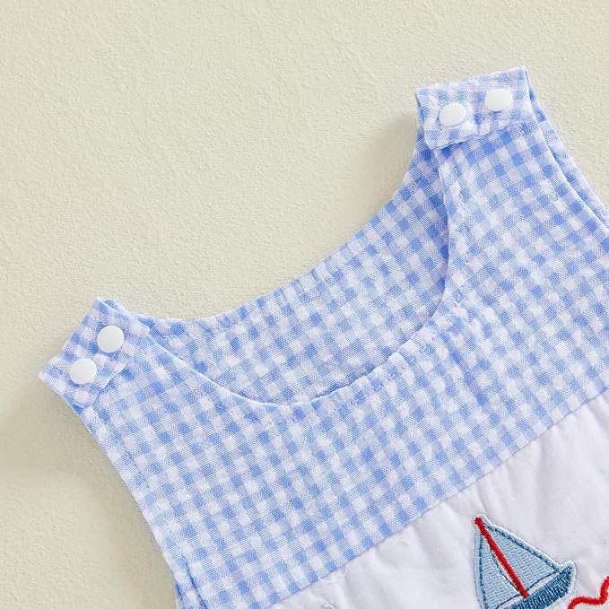 Newborn Baby Boys Sleeveless Seersucker Romper One Piece Straps Overalls - Image 4