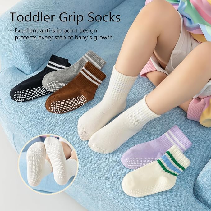 Toddler Non-Slip Socks Unisex Baby Grip Stripe Crew Cotton Socks | Seamless - Image 3