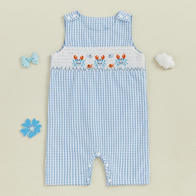 Newborn Baby Boys Sleeveless Seersucker Romper One Piece Straps Overalls - Image 2