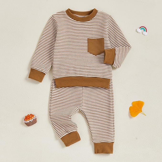Toddler Baby Boy Fall Clothes Waffle Outfit Long Sleeve Color Blocking Sweatshirt Pullover Jogger Pant Set
