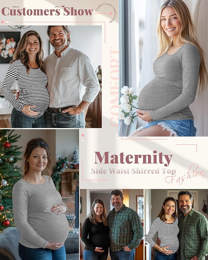 Ficerd 3 Pack Women's Maternity Shirts, Long Sleeve Side Ruched Pregnancy Tee Tops Crew Neck Casual Mama Clothes Basic Tunic