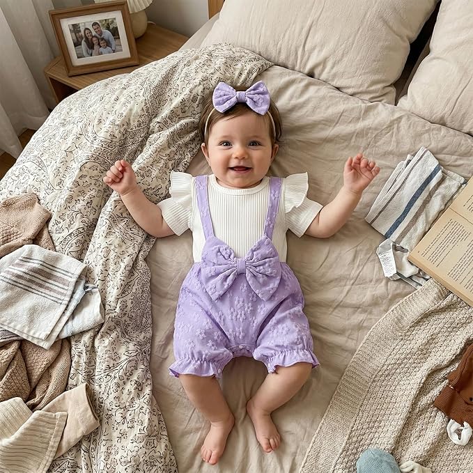 YINGISFITM Newborn Baby Girl Summer Clothes Short Sleeve Bubble Romper Bow - Image 3